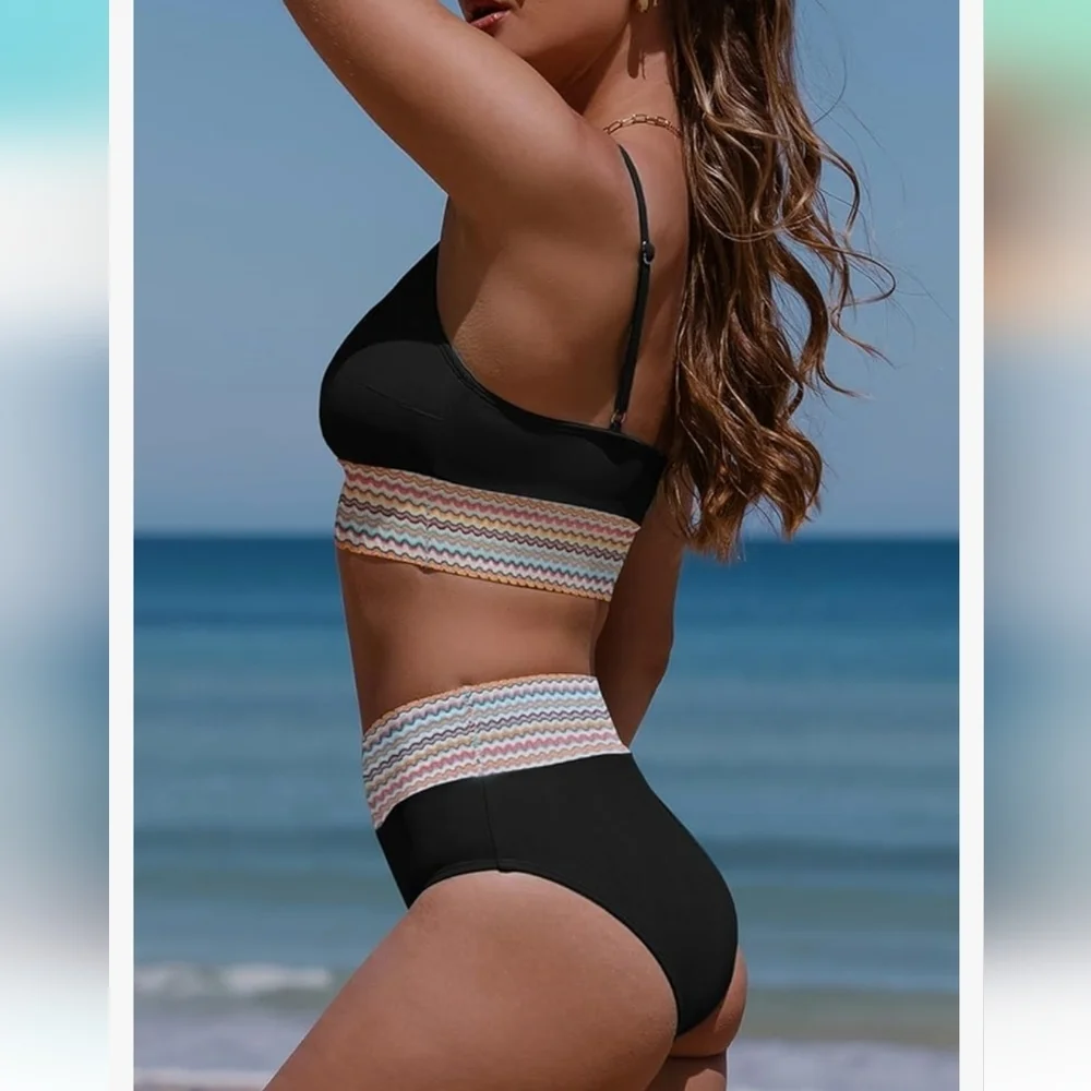 Colorblock Trim 2 Piece High Waisted Swimsuit Scoop‎ Neck black Sz S NWOT